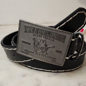True ReligionTour | Unisex Black Stiched Leather Belt Silver Buckle Sz 38"